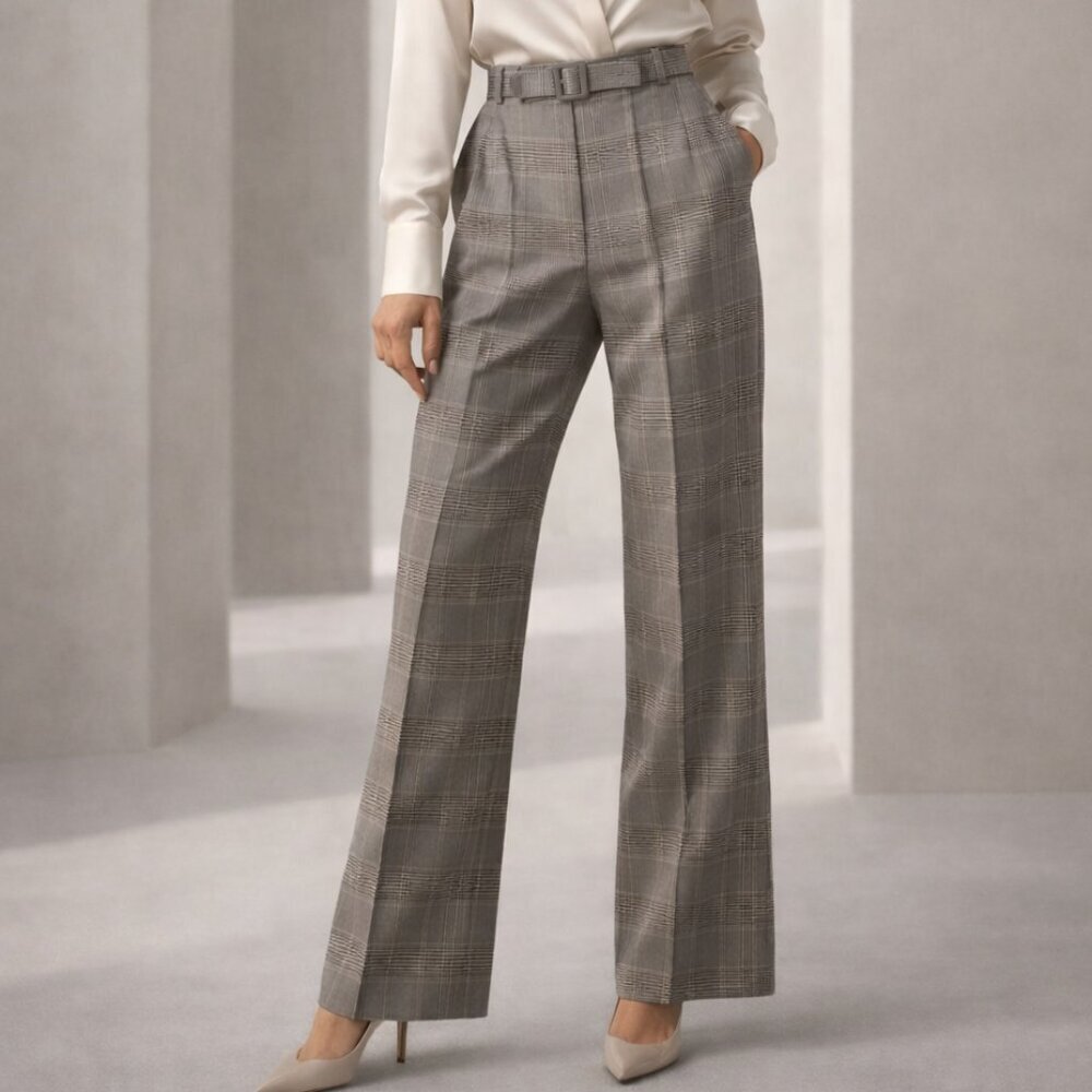 Hugo Boss Tokna Brown Taupe Plaid Strait Fit Boot Cut Optional Belt Pant, Size 2
